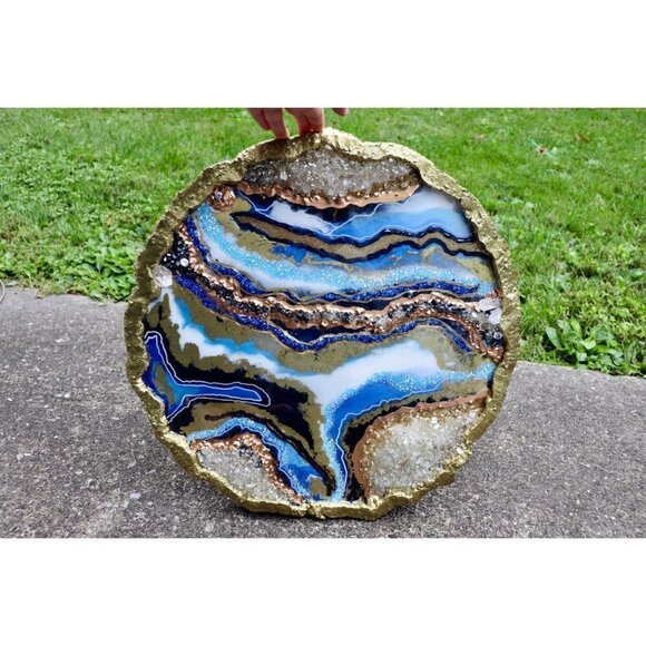 Geode Resin Art 18" Round Piece Quartz Crystals & Large Crystal CZ Stones Unique - Picture 7 of 8